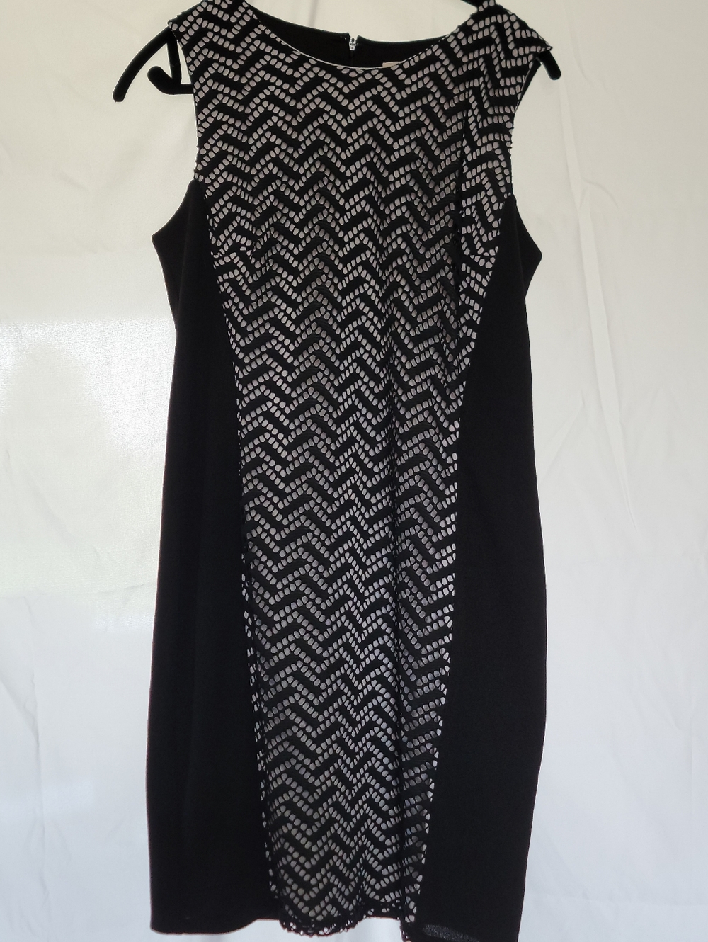 Black Sleeveless Sheath Dress with Chevron Lace Panel
